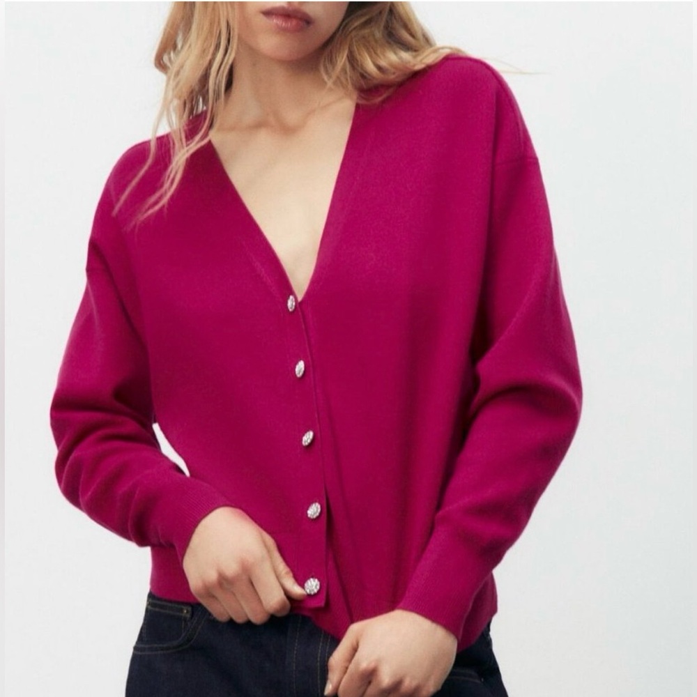 Zara Magenta Jewel Button Knit Cardigan | Size Medium